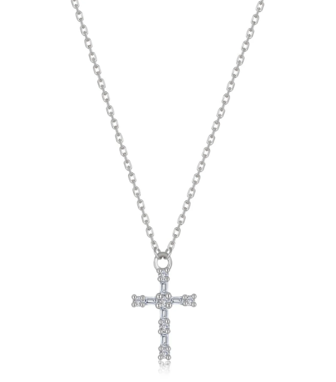 LAFONN Sterling Silver Cross Necklace – Radiant Lab-Grown Diamond Simulant Pendant