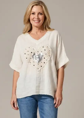 Coastal Luxe Sequin Heart Linen V-Neck Blouse