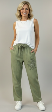 Coastal Sage Embroidered Drawstring Pants – Relaxed Fit