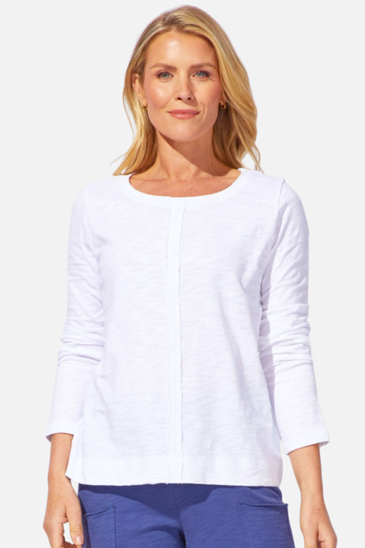 “White long sleeve cotton slub top with front seam detail and relaxed fit”
