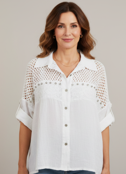 Coastal Breeze White Mesh Button-Up – Studded Lightweight Blouse