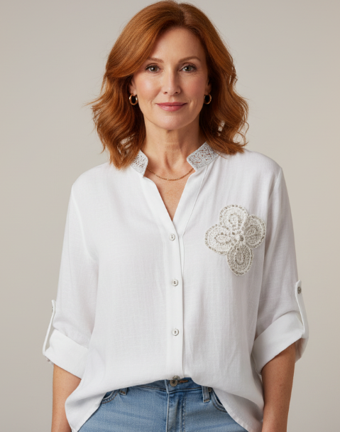 Flora Linen Coastal Tunic – Embroidered Button-Down Blouse