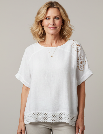 Serene White Linen Blend Blouse – Coastal Crochet & Embroidered Detail