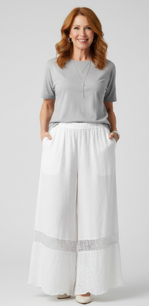 Coastal Lace Hem Wide-Leg Pants - Airy Summer Resort Wear