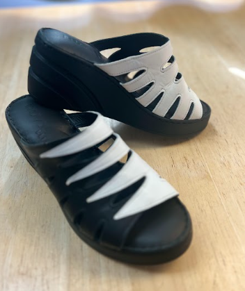 Black and White Leather Comfort Wedge Slide Sandals