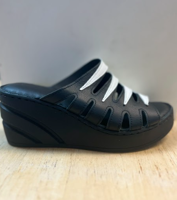 Black and White Leather Comfort Wedge Slide Sandals