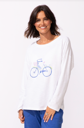Bicycle Graphic Relaxed Long Sleeve Top - Soft White Pullover