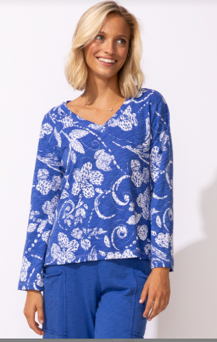 Blue Floral V-Neck Long Sleeve Top – Relaxed Fit Casual Blouse