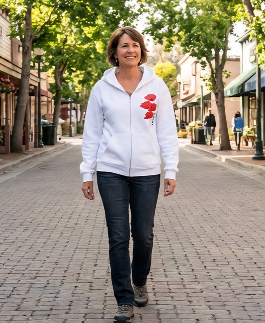 Poppy Floral Embroidered Zip Hoodie – Casual Cotton Sweatshirt