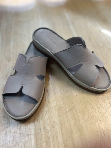 Taupe Leather Cutout Comfort Slide Sandals | Cushioned Summer Slides