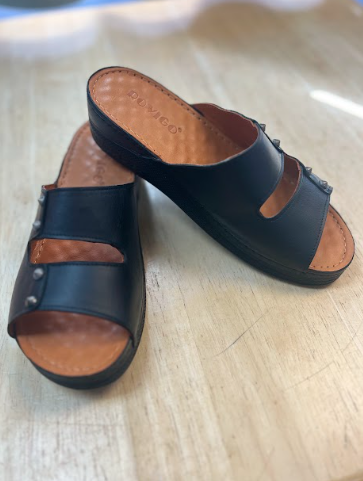 Black Leather Comfort Slide Sandals with Stud Detail