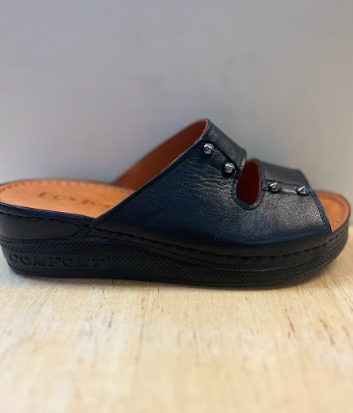 Black Leather Comfort Slide Sandals with Stud Detail