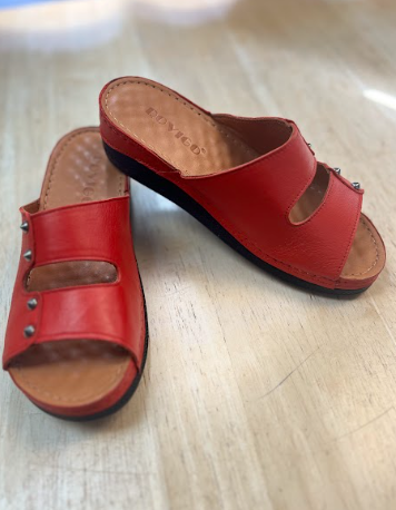 Red Leather Comfort Slide Sandals with Stud Detail